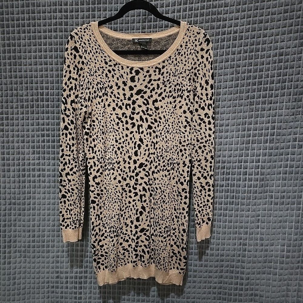 Cheetah Sparkle Sweater Dress SzLg Tunic Knee Thin Long Leopard Y2K Boho Chic